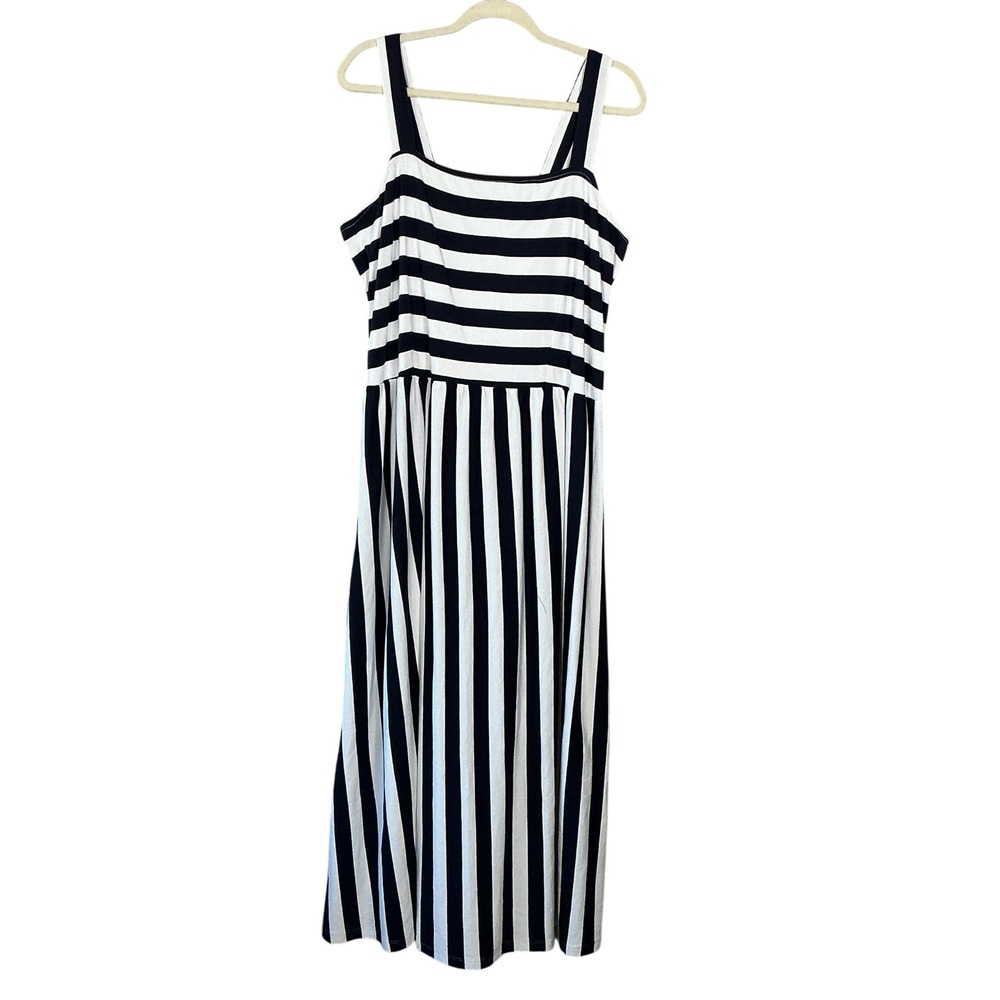 Ulla Popken Navy Blue White Striped Cotton Maxi Dress Smocked Back Size 24/26